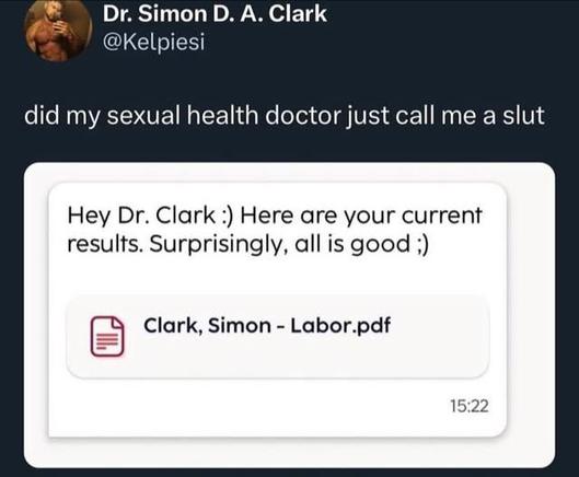 @Kelpiesi 

did my sexual health doctor just call me a slut

[attached email or message]

Hey Dr. Clark :) Here are your current results. Surprisingly, all is good ;) 


Clark, Simon -Labor.pdf 15:22'