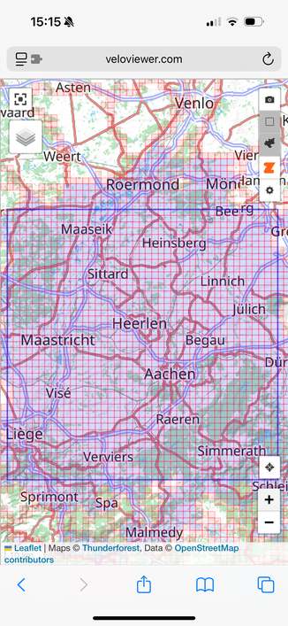 Screenshot of veloviewer showing a 43 by 43 square representing the biggest square of tiles at map zoom level 14 I have explored. 