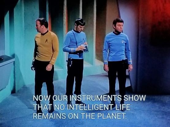 Star Trek The Original Series scene. Spock, Bones, and Kirk stand looking around in an off-ship room. There's a thing on the wall that kind of looks like one of those school water bubblers that shoots a little arc of water. Spock is reading his tricorder. Closed caption reads , "NOW OUR INSTRUMENTS SHOW THAT NO INTELLIGENT LIFE REMAINS ON THE PLANET"