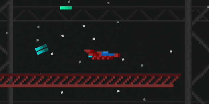 Pixelated red spaceship avoiding unfriendly plasma bullets