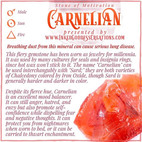 A raw chunk of bright red-orange carnelian sits against a white background. The text explains carnelian's metaphysical correspondences, some trivia about its use, and ways to use it in your magickal practice. Presented by Inked Goddess Creations.