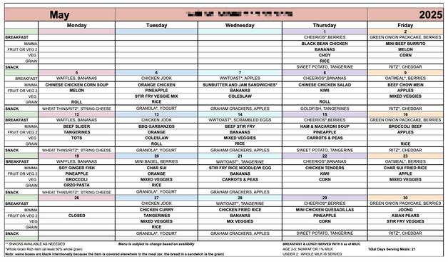 PDF of “May Meal Plan” for my kids’ preschool