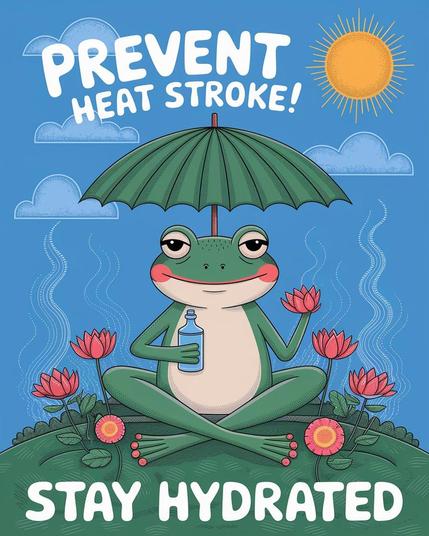 ① « Generated by ideogramai »
Original card, old print (a quirky illustration of a frog sitting cross-legged in a flower bed, holding a lotus leaf as an umbrella), frog holding a mug bottle in one hand. In the background is a bright sun, blue sky and steamy patterns. Above the frog are bold letters saying "PREVENT HEAT STROKE!" and below the frog are the words "STAY HYDRATED" in clear writing.
