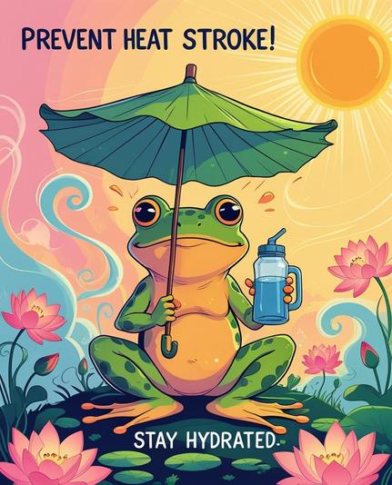 ②«#aiart Generated by LeonardoDiffusion »
In a whimsical illustration, a quirky frog sits cross-legged in a vibrant flower bed, holding a lotus leaf as an umbrella over its head and a mug bottle in one hand. The background features a bright sun casting soft shadows and swirling steamy patterns across the scene. Bold letters above the frog read "PREVENT HEAT STROKE!" while "STAY HYDRATED" is clearly written below, adding a playful yet informative touch to this charming and warm-colored image.
#本日の成果物 #aiartcommunity