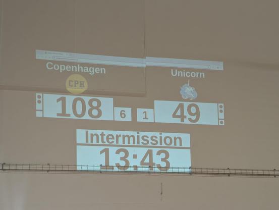 Scoreboard showing 108 points to Copenhagen and 49 points to Unicorn at the break 