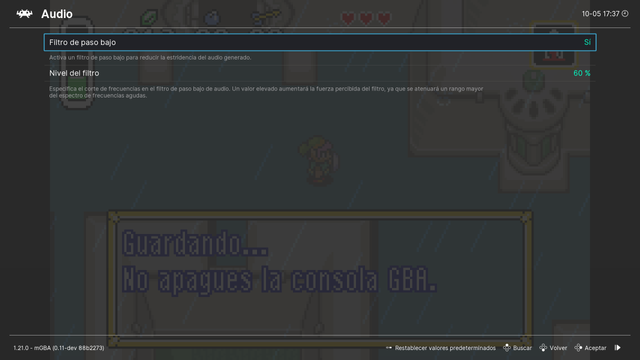 Configuración del audio en el núcleo de mGBA para RetroArch.