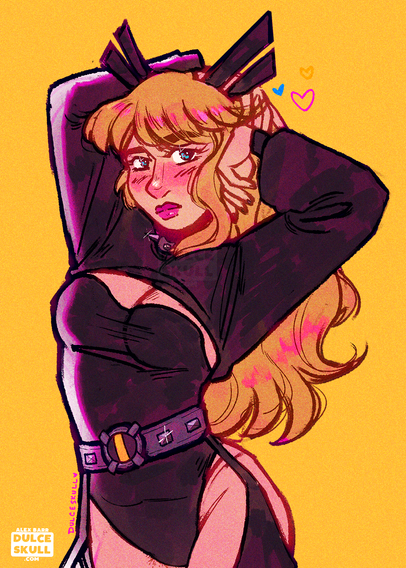 Magik from Marvel Rivals doing a pinup pose. She looks a little blushy toward the camera, maybe she's photo shy.