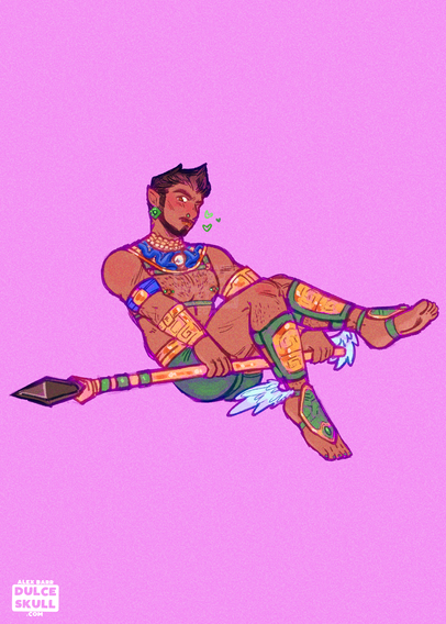 Namor from Marvel Rivals lounging back with his legs over his staff spear thing. He looks intensely toward the camera.