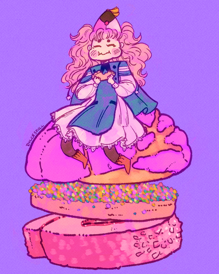 Tetia from Witch Hat Atelier, munching on a treat while sitting atop other treats.