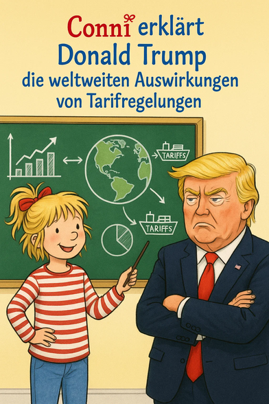 **TL;DR:** A parody image shows the German children's book character Conni explaining global tariff impacts to a grumpy Donald Trump.

**Text on Image:**
"Conni erklärt Donald Trump die weltweiten Auswirkungen von Tarifregelungen"

**Description:**
The image is a parody mimicking the style of German children's books. On the left is Conni, a cheerful cartoon girl with blonde hair and a red bow, wearing a red-and-white striped shirt and blue jeans. She is smiling and holding a pointer, standing next to a chalkboard with charts, a globe, and the word “TARIFFS.” On the right is a cartoon version of Donald Trump, arms crossed and frowning. The image humorously suggests that the childlike character is educating Trump on international trade tariffs.
