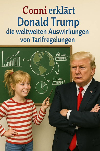 **TL;DR:** A realistic parody photo shows a young girl explaining global tariffs to a stern-faced Donald Trump.

**Text on Image:**
"Conni erklärt Donald Trump die weltweiten Auswirkungen von Tarifregelungen"

**Description:**
This image is a realistic parody styled like an educational children's book. A young blonde girl, meant to represent the German book character Conni, smiles while pointing at a chalkboard filled with diagrams—bar charts, a world map, pie chart, and shipping containers labeled "TARIFFS." Standing beside her with arms crossed and a serious expression is former U.S. President Donald Trump in a suit and red tie. The humorous concept flips roles, with a child educating a world leader on trade.
