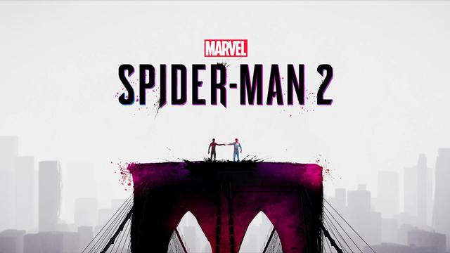 Captura de pantalla de los créditos finales del juego en el que se ve sobre fondo blando la parte superior de la torre del puente de Brooklyn. En lo alto del puente se ve a ambos SpiderMan (Miles Morales a la izquierda, Peter Parker a la derecha) chocando puños de espaldas a nosotros.
En la zona superior se ve el logotipo del juego: MARVEL SPIDER-MAN 2.