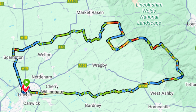 Map showing the route out of Lincoln to the east, into the Lincolnshire Wolds, then north, back west, and finally south back into Lincoln