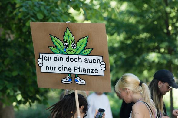 Plakat mit dem Text "Ich bin doch auch nur eine Pflanze". Eine Cannabis-Blüte mit einem tränenden Auge ist zu sehen.