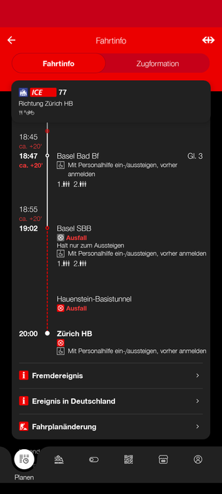 SBB App mit Zuglauf ICE 77 nach Zürich HB, Verspätungen von +20' in Basel Bad Bf und Basel SBB, Ausfall bis Zürich HB, Informationen "Fremdereignis", "Ereignis in Deutschland" und "Fahrplanänderung"