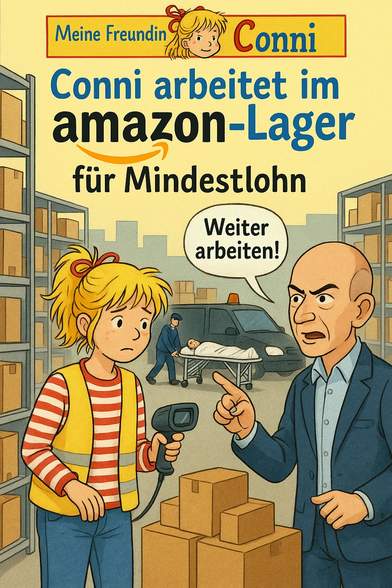 **TL;DR:** Satirical parody cover shows Conni working for minimum wage at an Amazon warehouse while a corpse is wheeled into a hearse and a boss yells at her to keep working.

**Text on image:**

* "Meine Freundin Conni"
* "Conni arbeitet im amazon-Lager für Mindestlohn"
* Speech bubble: "Weiter arbeiten!"

**Description:**
This image is a dark parody of the children's book series *Meine Freundin Conni*. It shows Conni in a high-visibility vest and striped shirt, scanning packages in an Amazon warehouse. She looks upset as a bald, stern man in a suit (resembling Jeff Bezos) points angrily and shouts, "Weiter arbeiten!" ("Keep working!"). Behind them, two workers load a body covered in a white sheet into a black hearse, implying someone has died on the job. The warehouse is filled with shelves and boxes, underlining poor labor conditions.
This actually happened on an Amazon warehouse https://www.theguardian.com/technology/2023/jan/09/amazon-employee-death-warehouse-floor-colorado