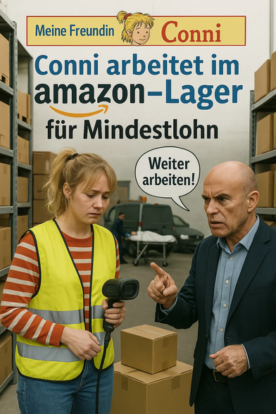 **TL;DR:** A live-action parody of a Conni book cover showing poor Amazon warehouse conditions, with Conni working while a dead body is taken away in a hearse.

**Text on image:**

* "Meine Freundin Conni"
* "Conni arbeitet im amazon-Lager für Mindestlohn"
* Speech bubble: "Weiter arbeiten!"

**Description:**
This is a photo-based satirical recreation of a fictional *Meine Freundin Conni* book cover. A woman dressed like the cartoon character Conni (striped shirt, yellow safety vest) looks sad and tired while holding a barcode scanner. A stern bald man in a suit points and demands, "Weiter arbeiten!" ("Keep working!"). Behind them, two workers are loading a corpse covered in a white sheet into a black hearse, set in a warehouse with cardboard boxes. It critiques harsh labor practices at Amazon.
This actually happened on an Amazon warehouse https://www.theguardian.com/technology/2023/jan/09/amazon-employee-death-warehouse-floor-colorado
