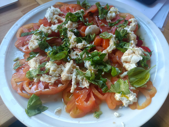 buffalo mozzarella, greek oxe heart tomatoes and Greek basil. 