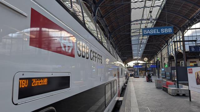 Picture of the displays on an intermediate coach of a SBB RABe 512, display "TGV Zürich HB", big SBB logo, station sign in old design "Basel SBB" attached to the roof