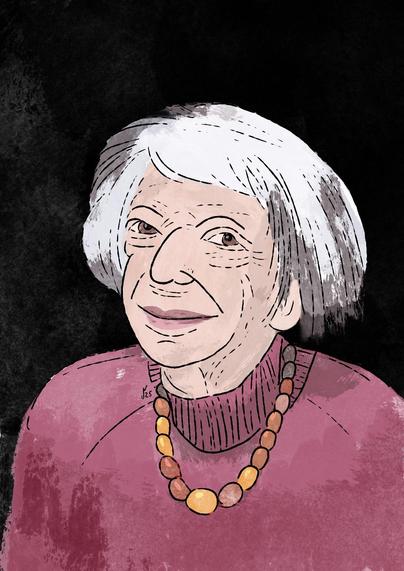 Portraitzeichnung von Margot Friedländer mit weiß-grauem Bob, rosa Pullover und Bernsteinhalskette vor dunklem Hintergrund. Sie blickt ruhig und freundlich nach vorn.
