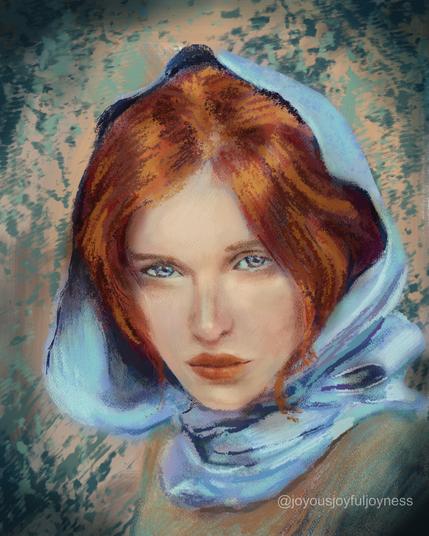 Painting of a red-headed woman with light blue eyes wearing a blue headscarf, looking out at the viewer. The artist's signature and @joyousjoyfuljoyness watermark are at the bottom right.