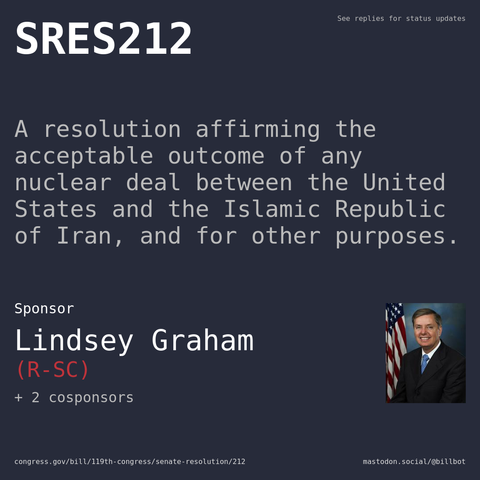 Description of SRES212, and a depiction of its sponsor, Lindsey Graham.