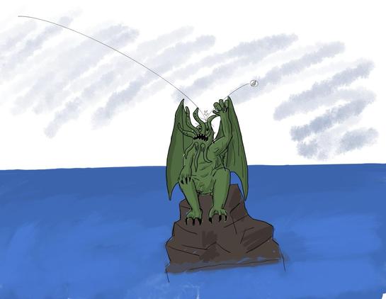 a crappy digital cartoon of Cthulhu, sitting on an angular rocky outcrop, being hit on the head by a falling Soviet Venus probe