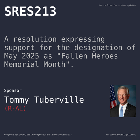 Description of SRES213, and a depiction of its sponsor, Tommy Tuberville.