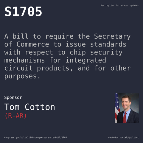 Description of S1705, and a depiction of its sponsor, Tom Cotton.