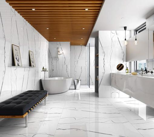 High-end hotel lobby in the Middle East featuring polished Statuario Marble for a sophisticated ambiance.