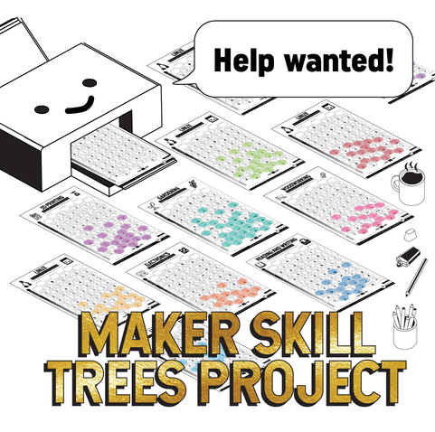 A cute picture of a happy paper printer printing out skill trees that have been coloured in.  It's got a speech bubble saying 'Help wanted!' and the below text reads 'Maker Skill Trees Project'. 
