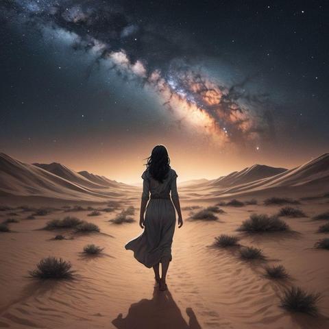 Model: OpenArt SDXL
(graphic novel, comic book, illustration) view from behind, a woman walking through and endless desert at midnight, visible milky way galaxy