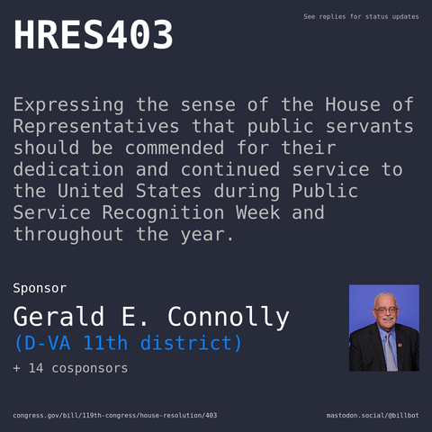 Description of HRES403, and a depiction of its sponsor, Gerald E. Connolly.