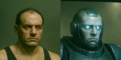 AI-generated image, half shows a man's head, the other half shows a cyborg's head, with plastic and metal skin, glowing eyes, but similar facial features to the man