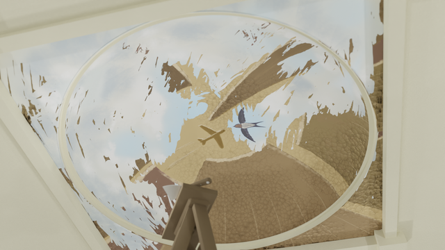 A scene showing a painted domed ceiling with a cracked brown painting of a brown sky with an airplane seen between skyscrapers being removed, revealing a blue cloudy sky with a swallow. In the foreground on top of an out of focus ladder sits a paint scraper (definitely the wrong tool for this sort of job, but I suppose that's symbolic too)