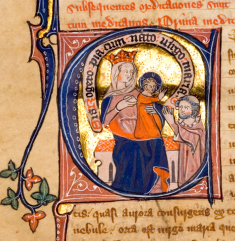Historiated initial in a medieval manuscript depicting a grey-haired man on his knees praying to the Virgin Mary, who wears a crown and offers her breast to the baby Jesus cradled in one arm.