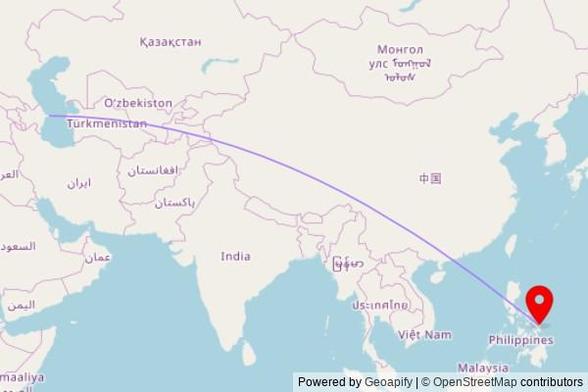 A map showing the great circle route from Baku City in Azerbaijan to a map pin at St Joseph Parish Church, Hinolaso to Maslog Road, Hinolaso, 6817 Eastern Samar, Philippines