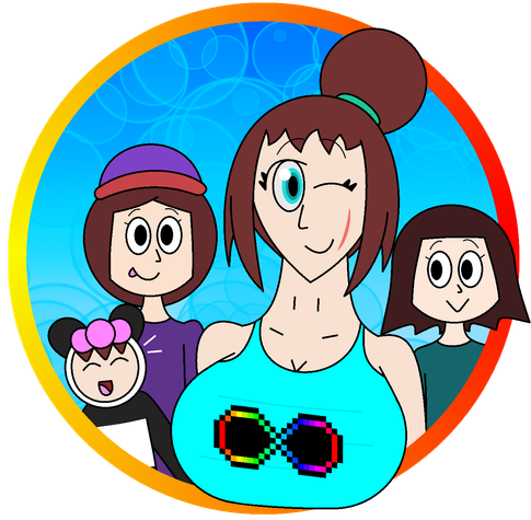 Bust drawing of (from left to right) Valary, Darina, Mrs. Eddant and Tisha, a happy family. Mrs. Eddant is the mother of Darina, Tisha and Valary. Mrs. Eddant wears a cyan crop top with a rainbow infinity (ActuallyAutistic) symbol printed on it.