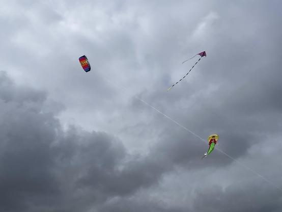 eChang the Moon Goddess kite, prism delta kite and unknown twin line in the Norfolk sky.