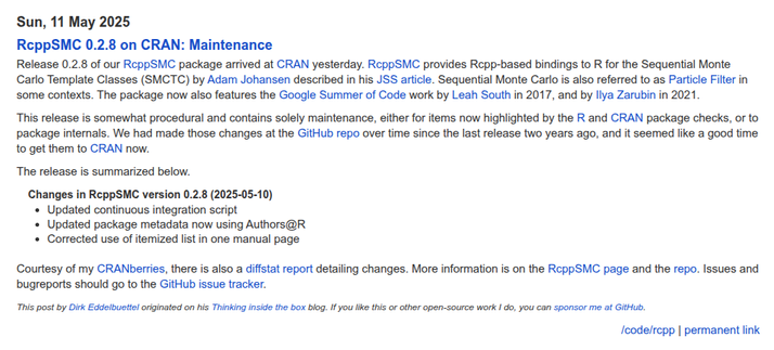 Screenshot of blog post at https://dirk.eddelbuettel.com/blog/2025/05/11#rcppsmc_0.2.8 describing release 0.2.8 of CRAN package RcppSMC