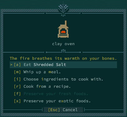 Screenshot from Caves of Qud, interacting with a clay oven.  One of the options is to eat Shredded Salt.