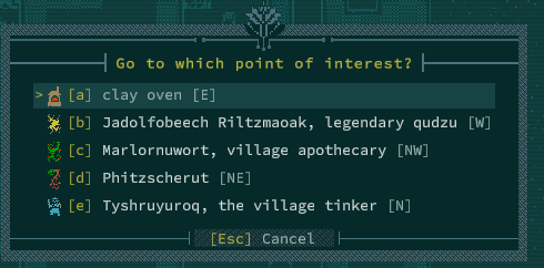 Screenshot from Caves of Qud, listing the points of interest in the village.  With the exception of the village tinker, they're all plants.  Usually villages have a mayor and a warden, but not in this anarchist village!