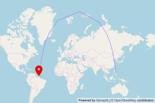 A map showing the great circle route from Hinolaso in the Philippines to a map pin at Centre d'accueil Universel, 19 Rue Simon, 97300 Cayenne, France
