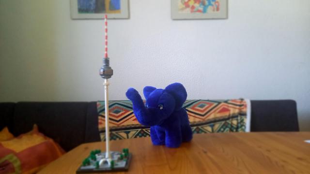 Slonik and a model of the Berlin television tower