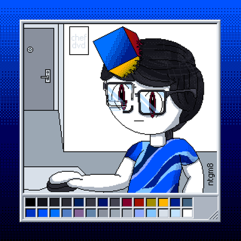 Self portrait of NtGm8 (aka, me in my own style) 
I also have a cube embedded in my head 
Made with Aseprite 