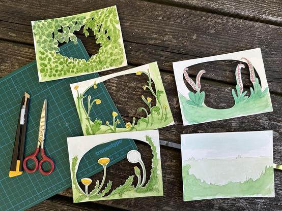 tunnelbook, seperate panels, foilage/leafs, buttercups, daffodils, vingerhoedskruid and background