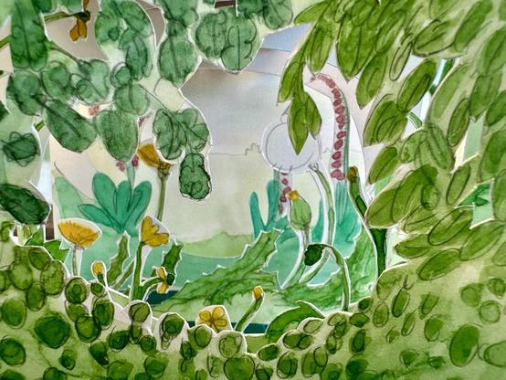 tunnelbook, handheld mockup, foilage/leafs, buttercups, daffodils, vingerhoedskruid and background