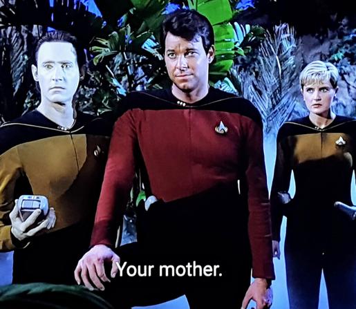 Star Trek The Next Generation scene. We're on a Earthy looking planet with greenery & tropical plants and a foggy haze behind our characters.  Probably quite humid and moist. Centered is Riker, freshly shorn, with Data to his right and Tasha Yar an extra step behind on his left. She looks concerned, Data is pulling a reading on his tricorder, and Riker has his foot propped and his knee up in the classic Riker stance. Closed caption reads, "Your mother."
