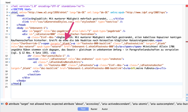 Screenshot of Oxygen XML Editor with XML code and and and a red arrow pointing to a code part with wavy underlining: <span target="_blank">