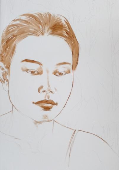 a painting that is just started, faint tan linework on white, it is a young woman with her hair tied back, seen from her chest up, looing down and to the right 